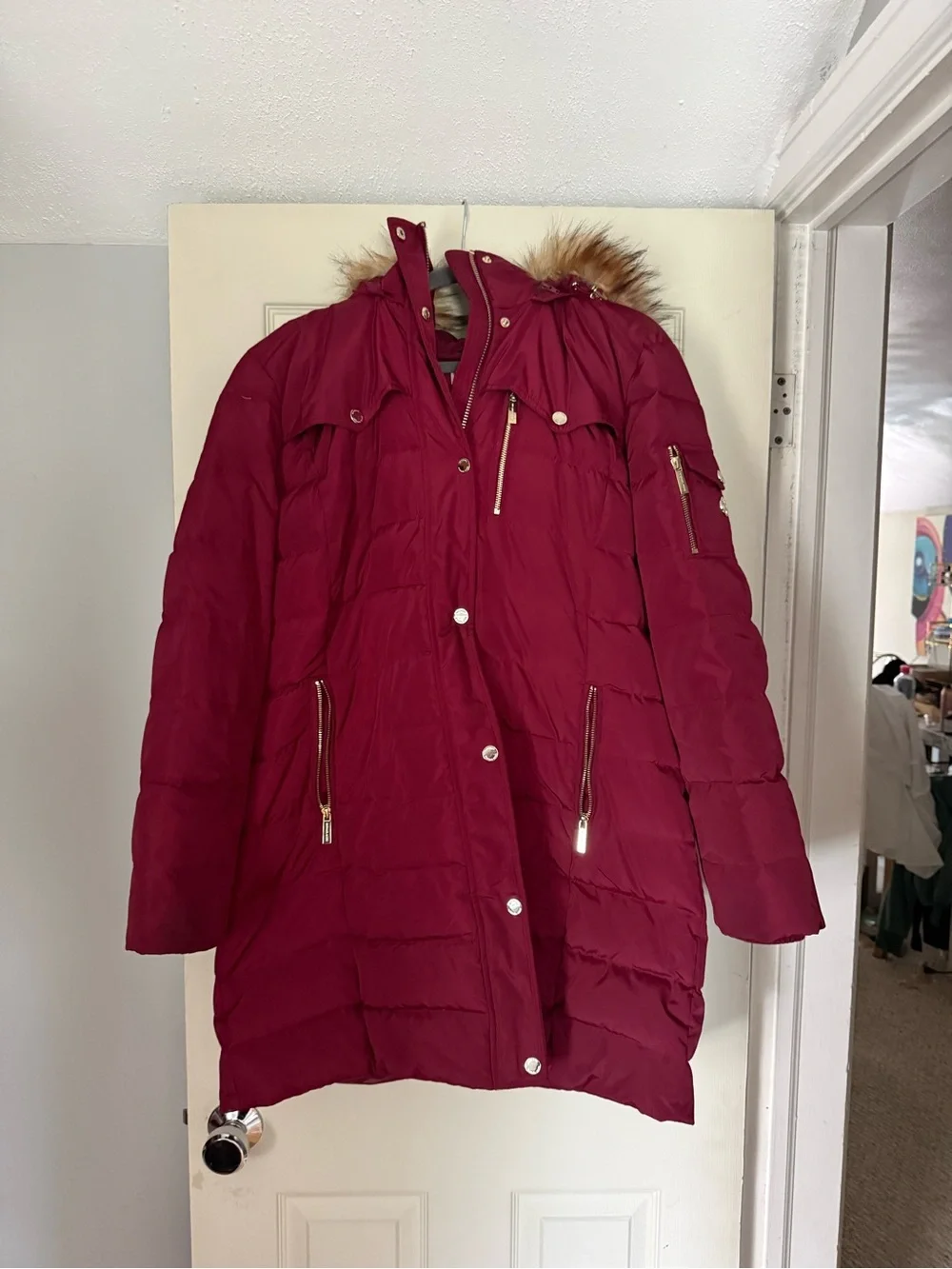 Michael Kors Wine-Red Quilted Puffer Coat with Faux-Fur Trim